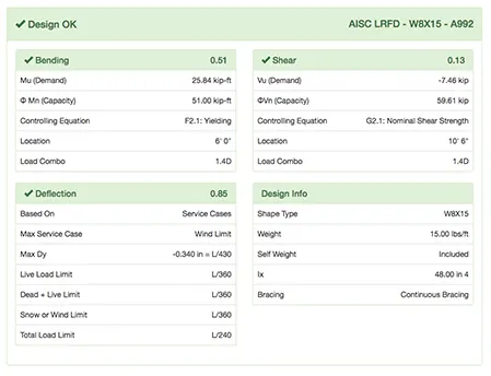 Beam design report screenshot